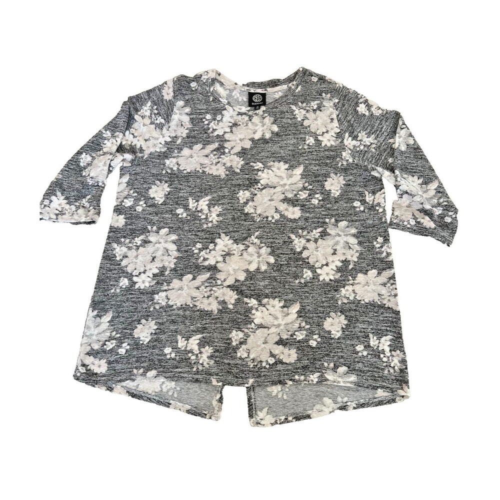 Bobeau Womens 1X  - Super Soft  3/4 Sleeve - Gray & White Floral Heathered Knit